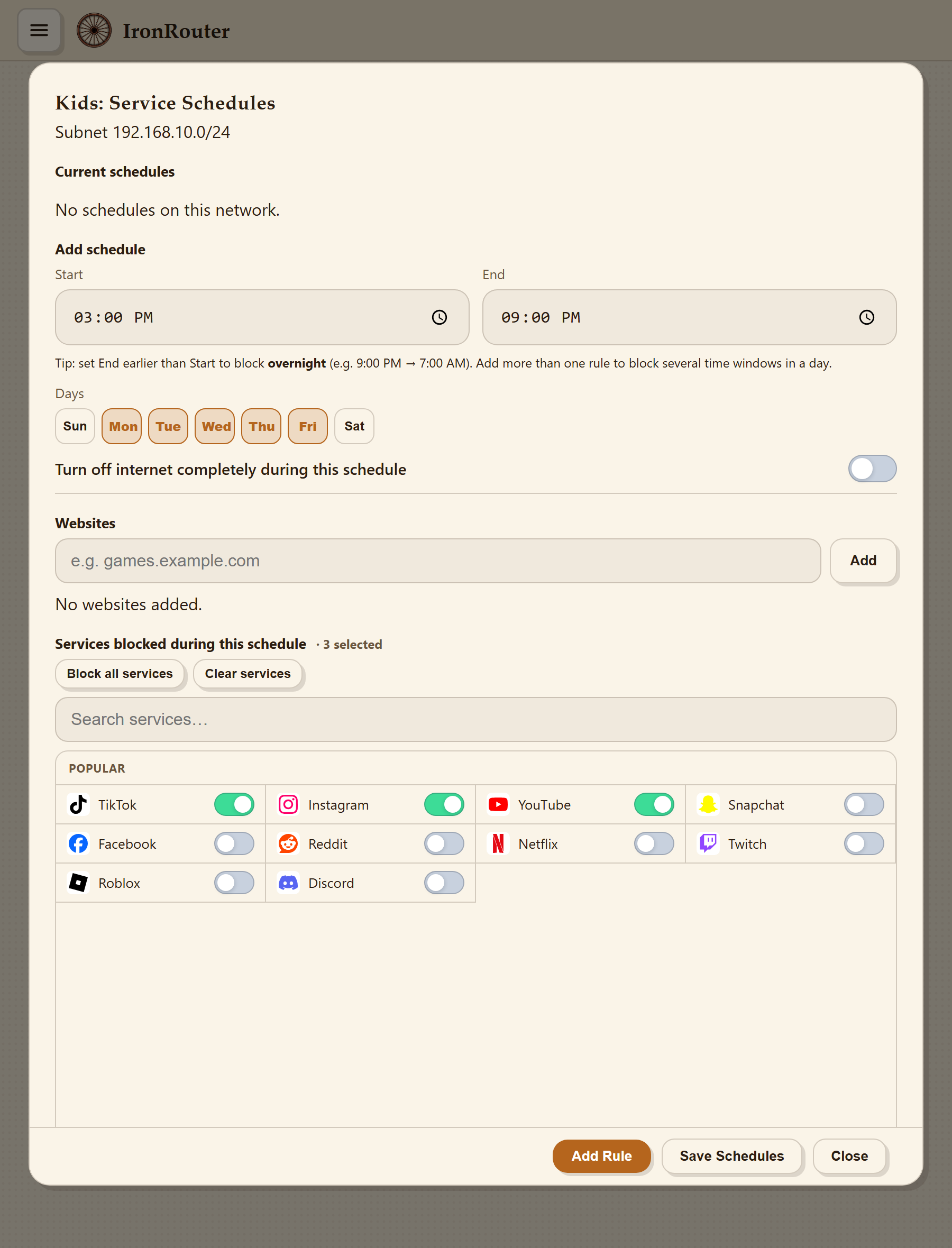 Recurring weekly schedule in IronRouter — choose days of the week, a start and end time, and which apps to block