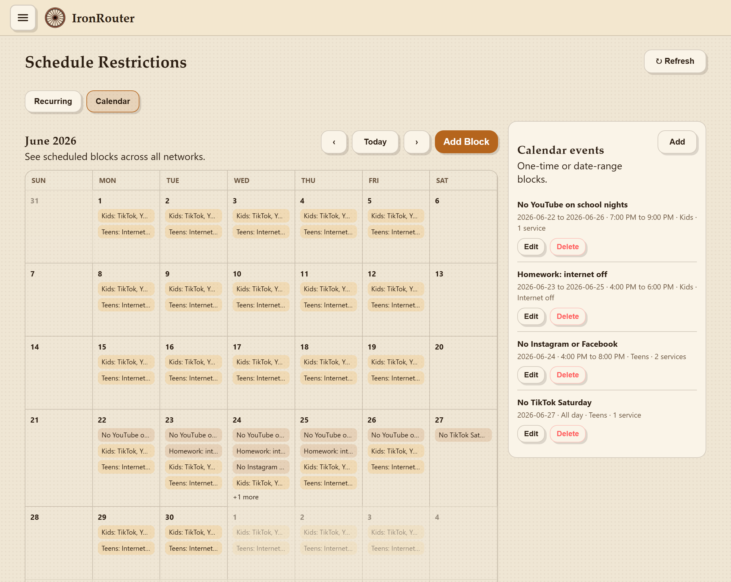 IronRouter schedule calendar — one-time and recurring blocks across the month