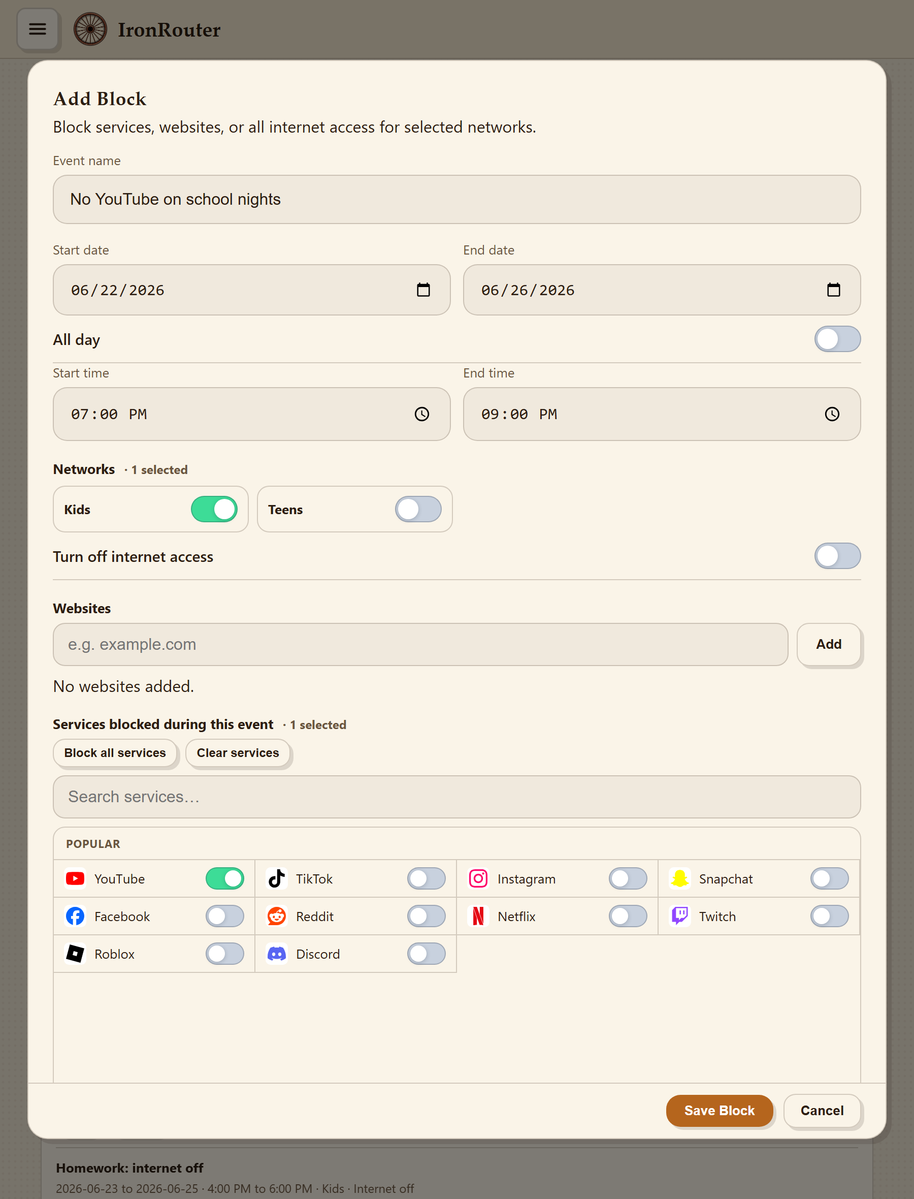 Adding a calendar event in IronRouter — event name, start and end dates, start and end time, networks, and apps to block