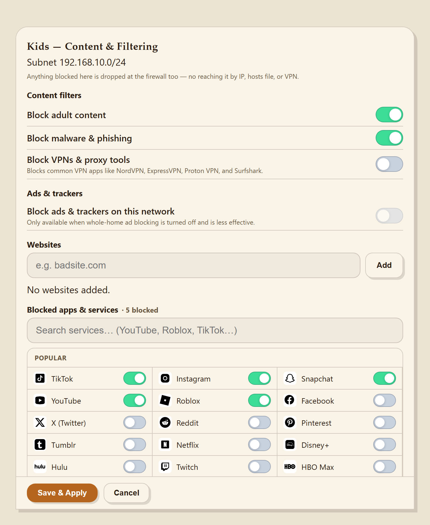 IronRouter filter screen — block popular apps like TikTok, Instagram, and YouTube